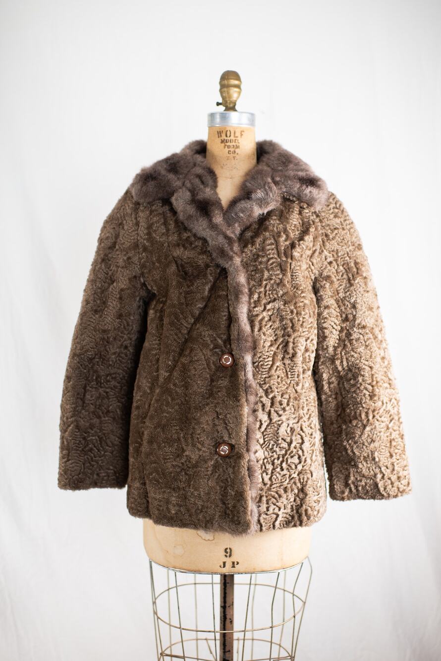 Vintage 1960s Brown Faux Curly Lamb Fur Swing Coat, Glam Old Money Jacket, S M